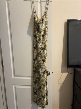 Leaf Print Slip Dress in Green and Cream